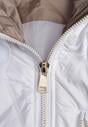 Biała Długa Kurtka Parka Pikowana z Kapturem Ozdobiona Aplikacją Rossea