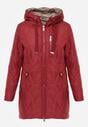 Czerwona Długa Kurtka Parka Pikowana z Kapturem Ozdobiona Aplikacją Rossea