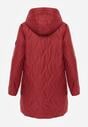 Czerwona Długa Kurtka Parka Pikowana z Kapturem Ozdobiona Aplikacją Rossea