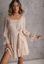 Beżowa Sukienka VICES z Półtransparentnymi Rękawami Wiązania w Talii Resmosa
