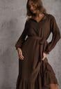 Brązowa Sukienka Boho z Paskiem Guzikami i Falbanami Nevinete