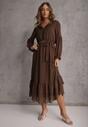 Brązowa Sukienka Boho z Paskiem Guzikami i Falbanami Nevinete