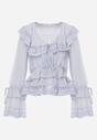 Niebieska Bluzka z Wiskozy Boho Ozdobiona Wiązaniami Koronką  i Falbanami Gavimia