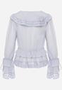 Niebieska Bluzka z Wiskozy Boho Ozdobiona Wiązaniami Koronką  i Falbanami Gavimia