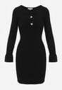 Czarna Wiskozowa Prążkowana Sukienka Bodycon Ozdobiona Wycięciem i Guzikami Nevelaura