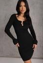 Czarna Wiskozowa Prążkowana Sukienka Bodycon Ozdobiona Wycięciem i Guzikami Nevelaura