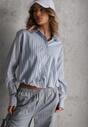 Niebieska Oversizowa Koszula z Bawełny w Pionowe Paseczki z Gumką Kadink