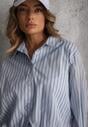 Niebieska Oversizowa Koszula z Bawełny w Pionowe Paseczki z Gumką Kadink