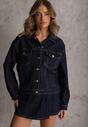 Granatowa Oversizowa Kurtka Jeansowa z Bawełną Vimaloras