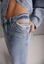Niebieskie Jeansy Szerokie z Bawełny High Waist Ozdobione Perełkami i Wycięciami Nenelsea