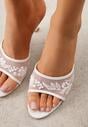 Białe Siateczkowe Klapki na Metalicznej Szpilce z Imitacją Pereł i Haftem w Kwiaty Polia