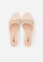 Beżowe Siateczkowe Klapki na Metalicznej Szpilce z Imitacją Pereł i Haftem w Kwiaty Polia