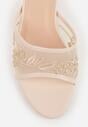 Beżowe Siateczkowe Klapki na Metalicznej Szpilce z Imitacją Pereł i Haftem w Kwiaty Polia