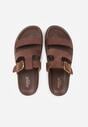 Brązowe Klapki Ozdobione Geometrycznymi Paskami i Metaliczną Klamrą Hossei