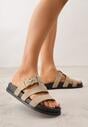 Beżowe Klapki Ozdobione Geometrycznymi Paskami i Metaliczną Klamrą Hossei