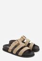 Beżowe Klapki Ozdobione Geometrycznymi Paskami i Metaliczną Klamrą Hossei