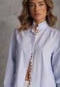 Niebieska Koszula z Bawełną Zdobiona Haftem i Stójką z Falbanką Linivia