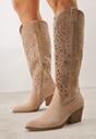 Beżowe Ażurowe Kozaki Typu Kowbojki na Stożkowym Obcasie Antastus