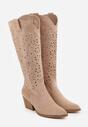 Beżowe Ażurowe Kozaki Typu Kowbojki na Stożkowym Obcasie Antastus