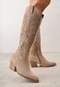 Ciemnobeżowe Ażurowe Kozaki Typu Kowbojki na Stożkowym Obcasie Antastus