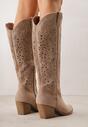 Ciemnobeżowe Ażurowe Kozaki Typu Kowbojki na Stożkowym Obcasie Antastus