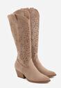 Ciemnobeżowe Ażurowe Kozaki Typu Kowbojki na Stożkowym Obcasie Antastus