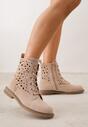 Beżowe Skórzane Botki z Ażurowym Wzorem Kasona