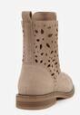 Ciemnobeżowe Skórzane Botki z Ażurowym Wzorem Kasona
