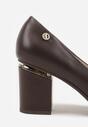 Brązowe Czółenka na Słupku z Wkładką ze Skóry Naturalnej i Metaliczną Aplikacją Nevas
