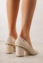 Beżowe Czółenka na Słupku z Wkładką ze Skóry Naturalnej i  Metaliczną Ozdobą Dynaste