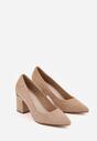 Ciemnobeżowe Czółenka na Słupku z Wkładką ze Skóry Naturalnej i  Metaliczną Ozdobą Dynaste