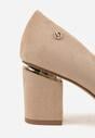 Ciemnobeżowe Czółenka na Słupku z Wkładką ze Skóry Naturalnej i  Metaliczną Ozdobą Dynaste
