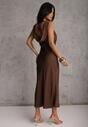 Brązowa Sukienka Slip Dress z Dekoltem Woda i Wiązaniem z Tyłu Atintina
