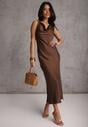 Brązowa Sukienka Slip Dress z Dekoltem Woda i Wiązaniem z Tyłu Atintina