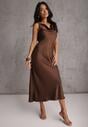 Brązowa Sukienka Slip Dress z Dekoltem Woda i Wiązaniem z Tyłu Atintina