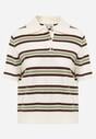 Zielono-Kremowy T-shirt Polo z Wiskozą w Paski z Guzikami Vevevia
