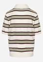 Zielono-Kremowy T-shirt Polo z Wiskozą w Paski z Guzikami Vevevia