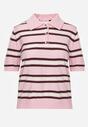 Różowy T-shirt Polo z Wiskozą w Paski z Guzikami Vevevia