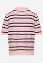 Różowy T-shirt Polo z Wiskozą w Paski z Guzikami Vevevia