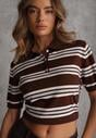 Brązowy T-shirt Polo z Wiskozą w Paski z Guzikami Vevevia