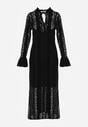 Czarna Taliowana Sukienka z Koronki Zdobiona Wiązaniem przy Szyi Terienna