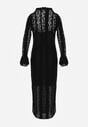 Czarna Taliowana Sukienka z Koronki Zdobiona Wiązaniem przy Szyi Terienna