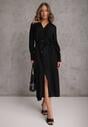 Czarna Sukienka z Wiskozą o Koszulowym Kroju z Wiązanym Paskiem Rissanni
