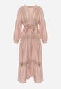 Jasnoróżowa Wiskozowa Sukienka o Rozkloszowanym Kroju z Wiązanym Paskiem i Koronką Reisavien