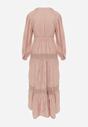 Jasnoróżowa Wiskozowa Sukienka o Rozkloszowanym Kroju z Wiązanym Paskiem i Koronką Reisavien