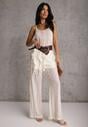 Beżowy Eteryczny Komplet z Koronką i Falbankami Top i Spodnie Wide Leg Pretilaine