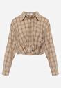 Beżowa Koszula z Bawełny Typu Crop w Kratę Ozdobiona Marszczeniem Risettes