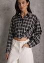 Czarna Koszula z Bawełny Typu Crop w Kratę Ozdobiona Marszczeniem Risettes