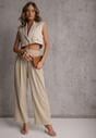 Beżowe Szerokie Spodnie Wiskozą Bawełną i Elastyczną Talią ze  Sznurkiem Arkinae