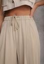 Beżowe Szerokie Spodnie Wiskozą Bawełną i Elastyczną Talią ze  Sznurkiem Arkinae